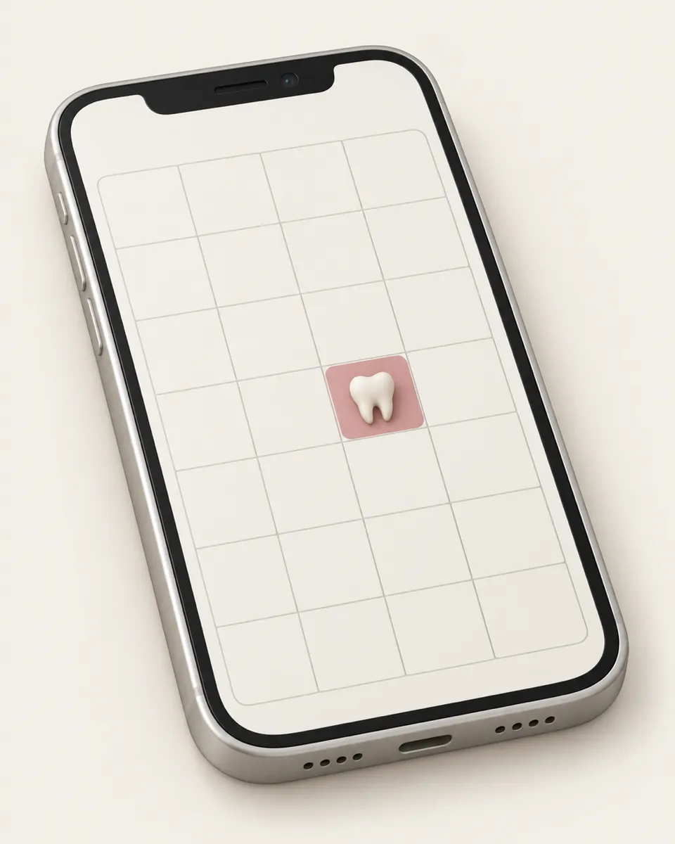 Illustration: a smartphone lying at a slight angle showing a simple calendar grid, with a small tooth-shaped appointment marker on one date