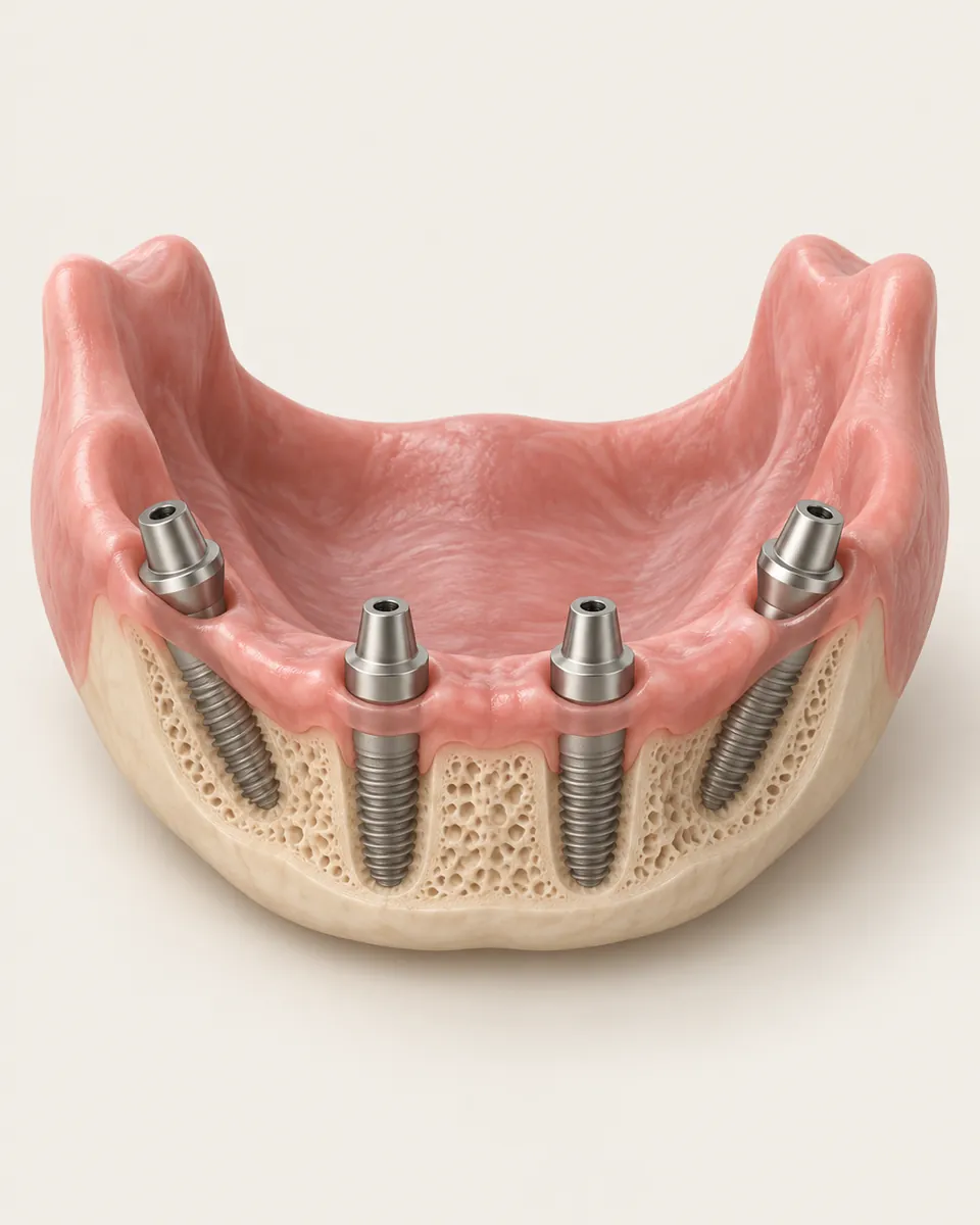Illustration: model of a lower jaw arch with four implant posts, two upright at the front and two angled at the back, no teeth