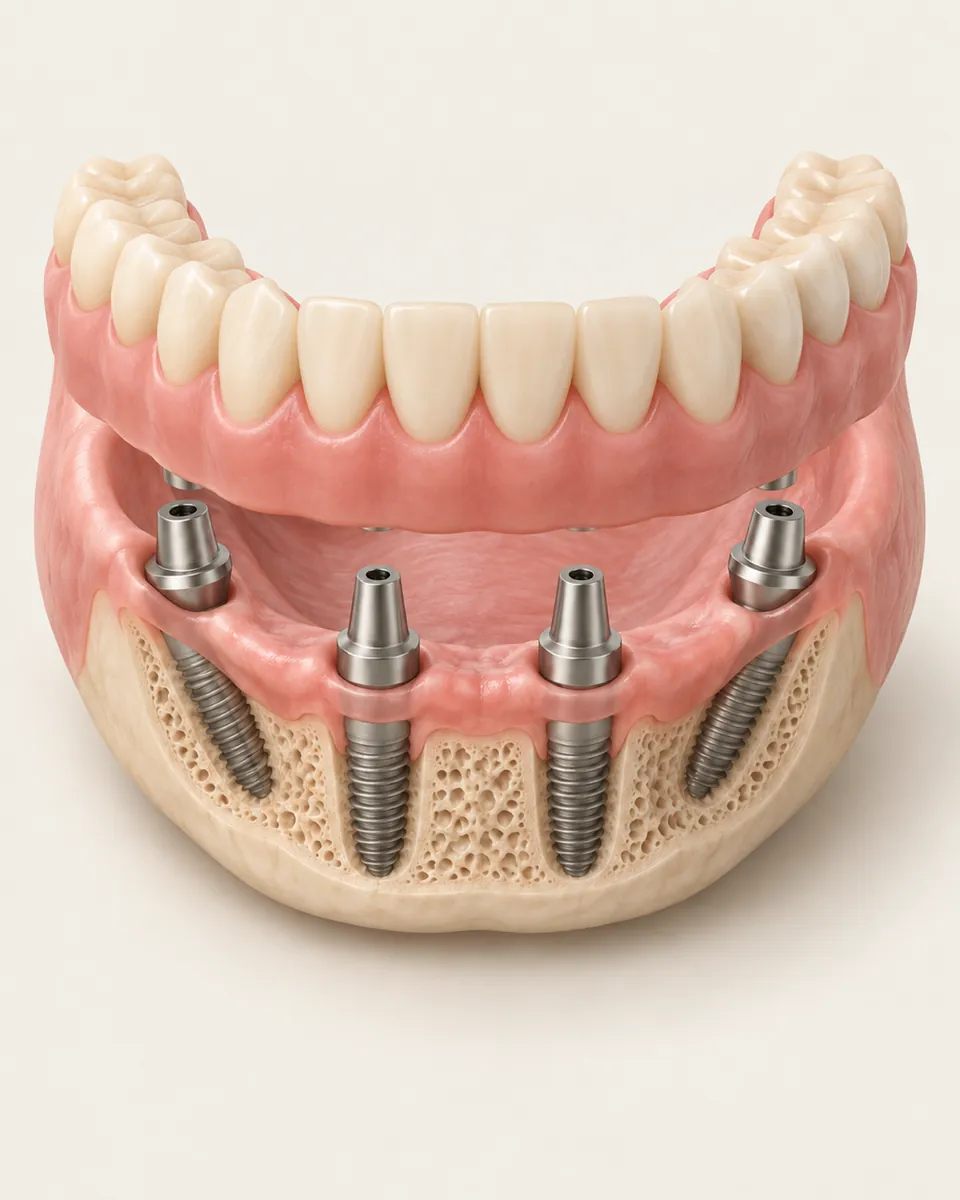 Illustration: full-arch prosthetic bridge with gums and teeth, floating just above a jaw arch with four implant posts