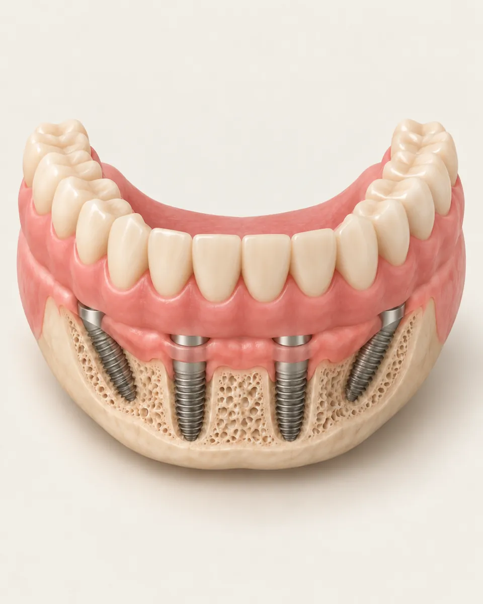 Illustration: complete lower jaw arch with a fixed full-arch bridge secured on implants
