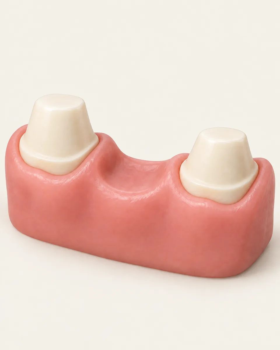 Illustration: two teeth shaped into smaller cores either side of a gap, ready for a bridge
