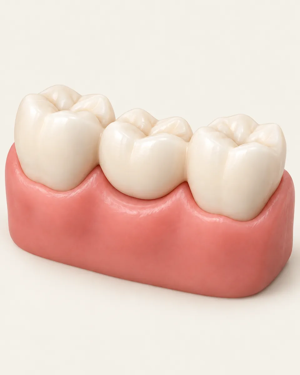 Illustration: three-unit ceramic bridge fitted over two supporting teeth, replacement tooth filling the gap