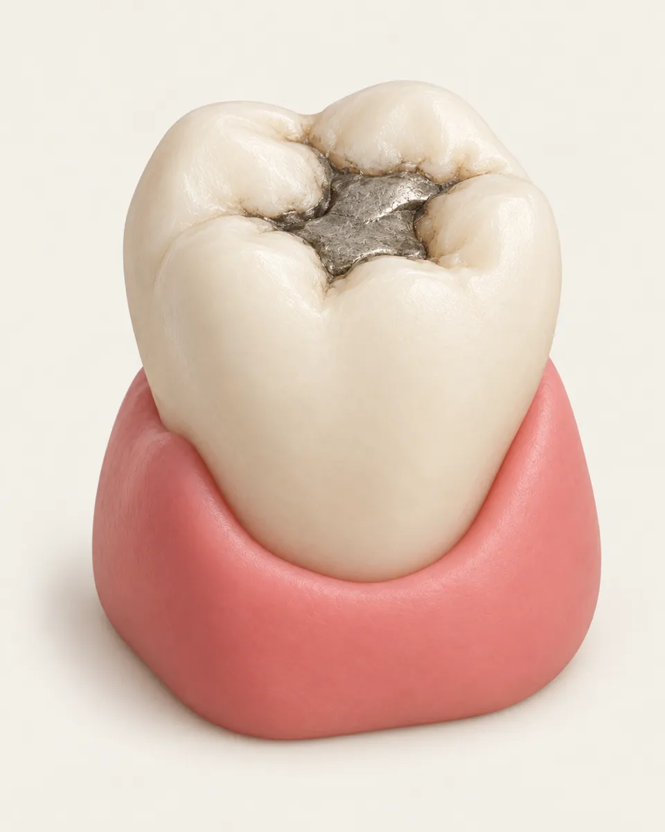 Illustration: molar with a worn, dark old filling
