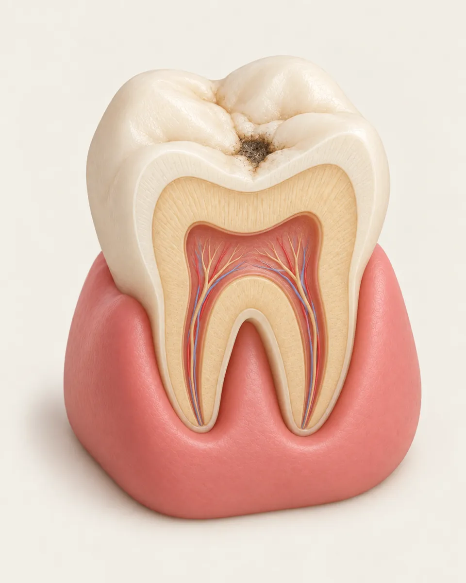 Illustration: cutaway of a molar with a small dark cavity in the enamel on the biting surface