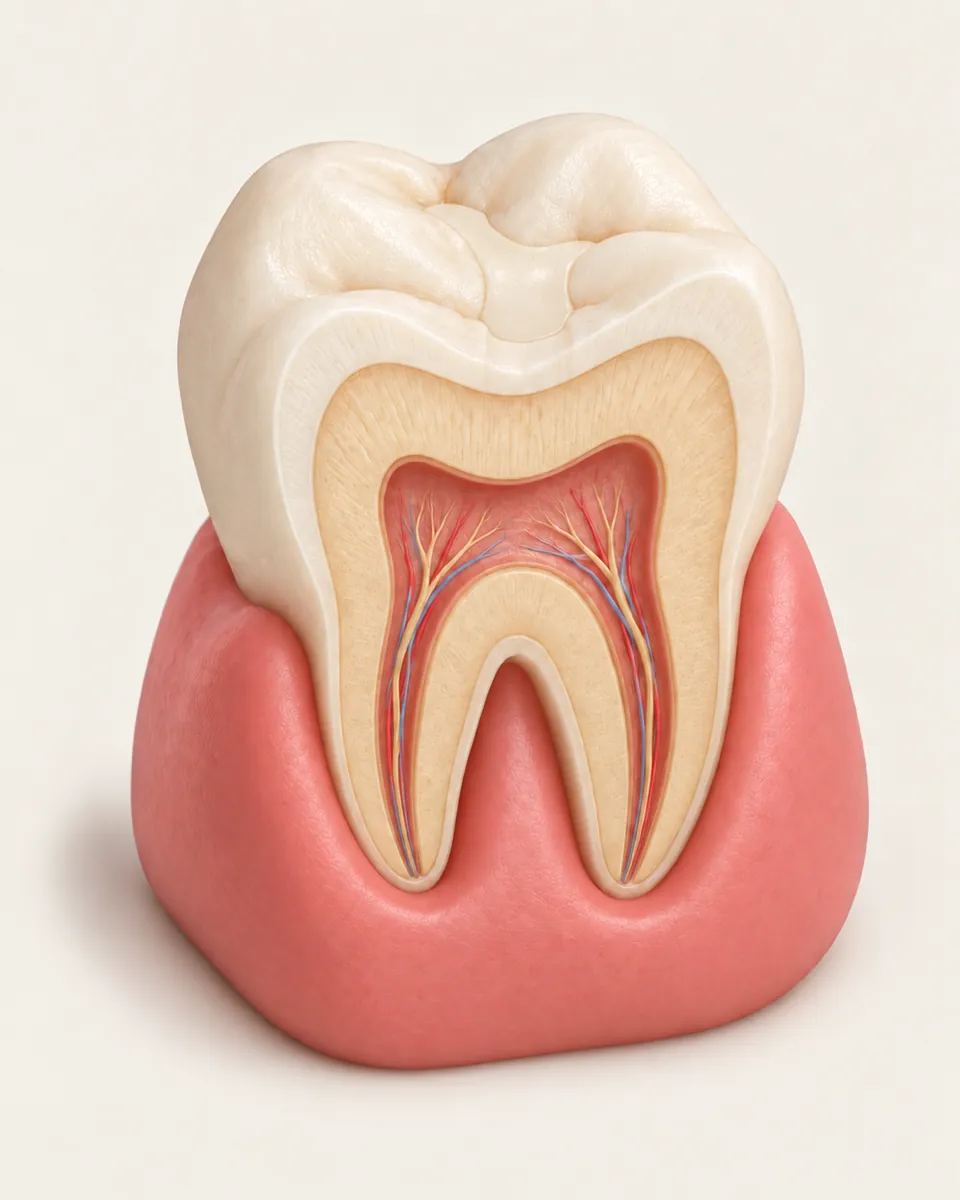 Illustration: cutaway of a molar with a tooth-coloured filling blended into the biting surface
