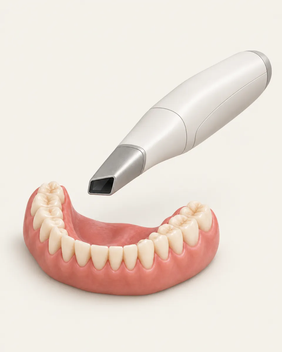 Illustration: handheld intraoral scanner beside a model of a lower arch of teeth
