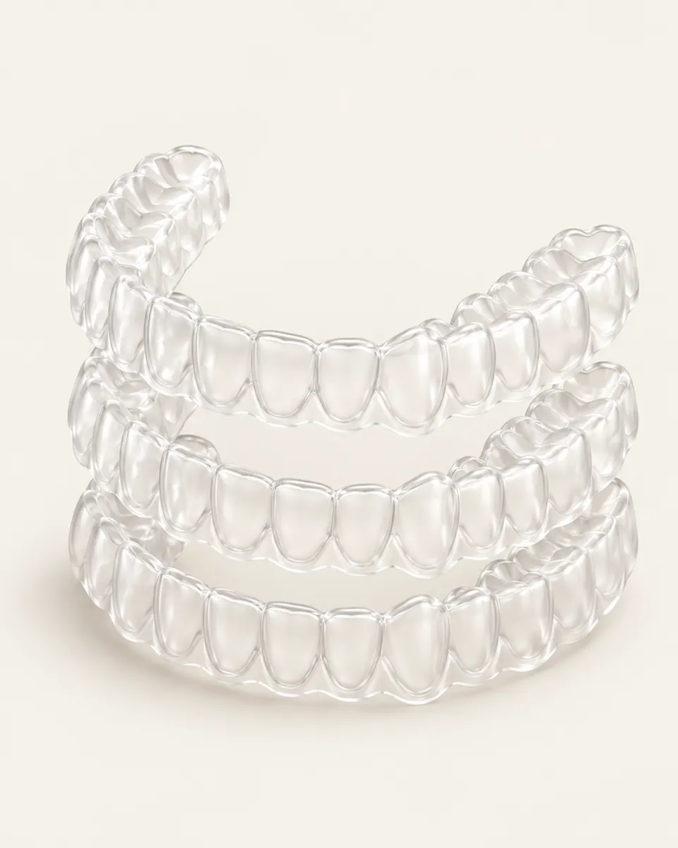 Illustration: stack of three clear dental aligners, slightly offset