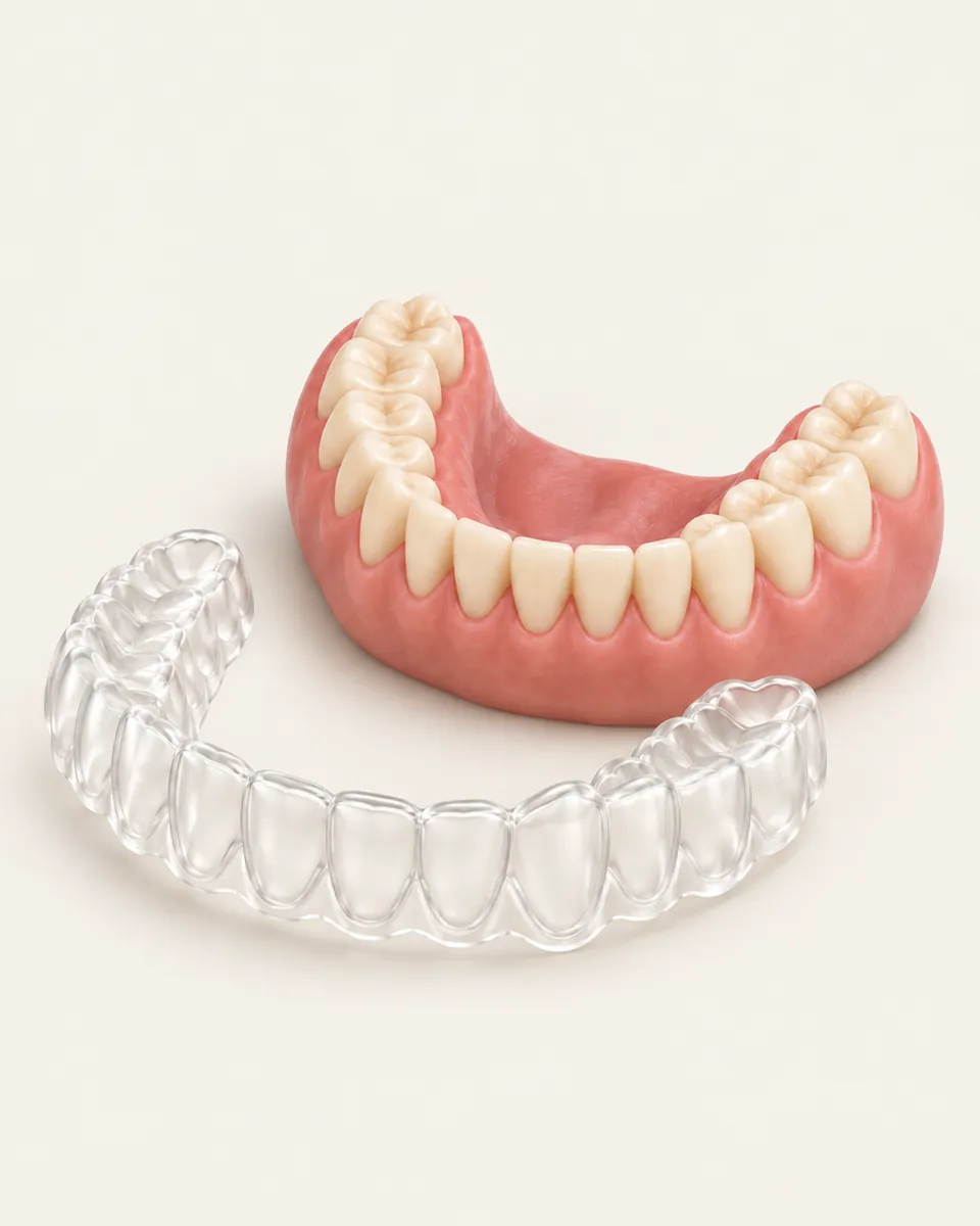 Illustration: clear retainer beside a model of straight teeth