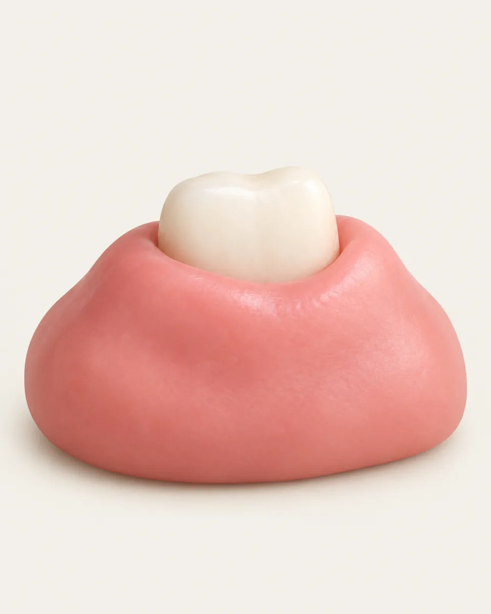 Illustration: baby tooth just emerging through a small pink gum