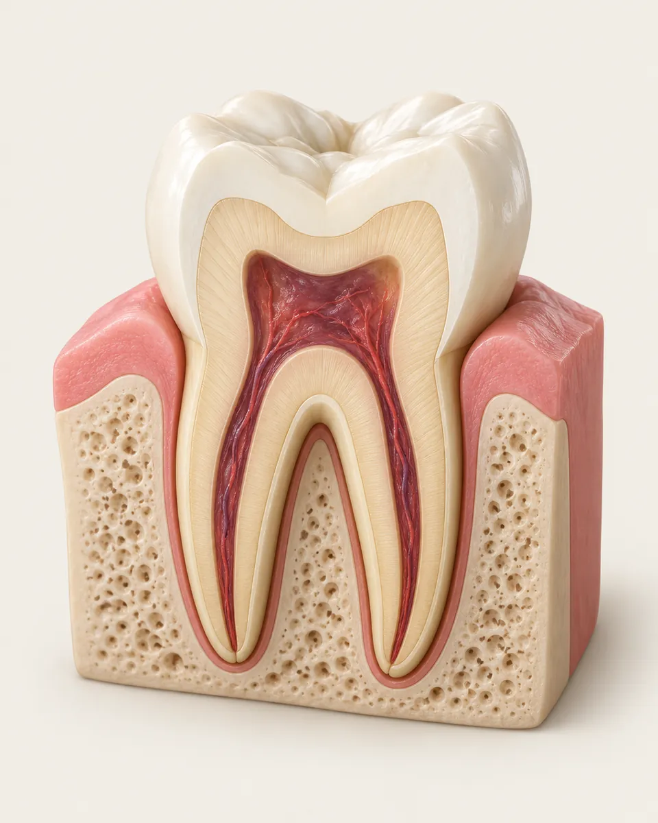 Illustration: cutaway of a molar showing inflamed, darker pulp inside the root canals