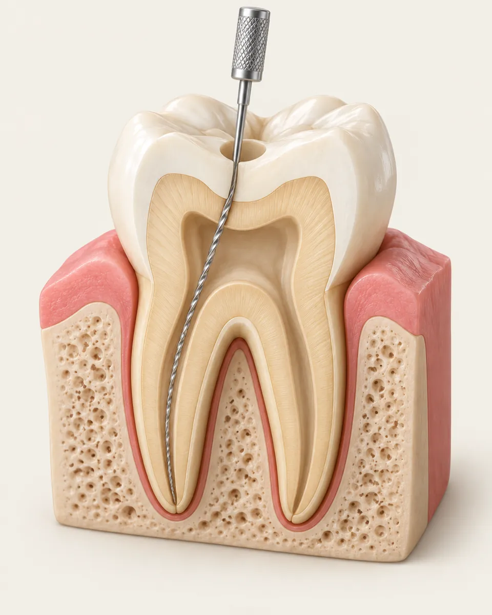 Illustration: cutaway of a molar with empty, cleaned root canals and a fine dental file entering from the top