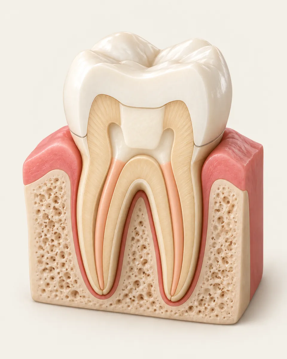 Illustration: cutaway of a molar with sealed root canals and a ceramic crown on top