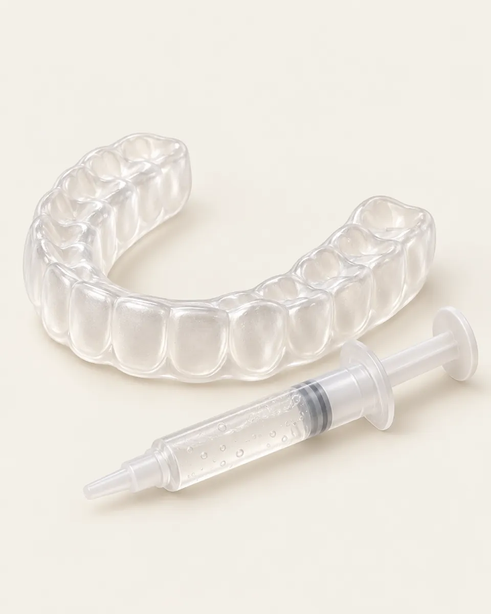 Illustration: clear custom whitening tray with a small syringe of gel beside it