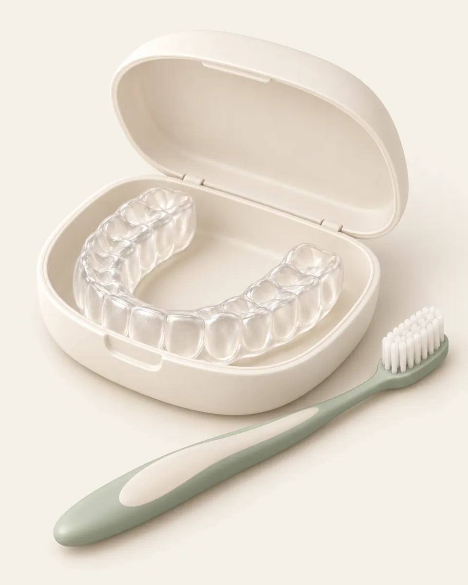 Illustration: whitening tray in an open case with a toothbrush beside it