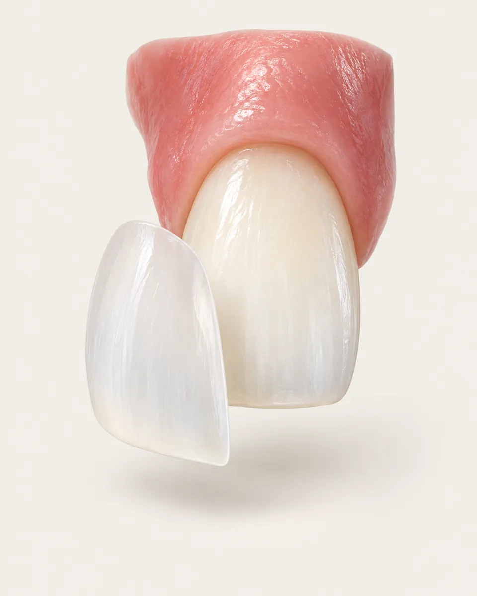 A thin porcelain veneer shell beside a natural front tooth